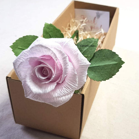 Paper Rose Gift, Single Long Stem Paper Rose for Mothers Day, Valentines Day, Wedding Anniversary, Birthday, Handmade Crepe Paper Flower (Light Purple)